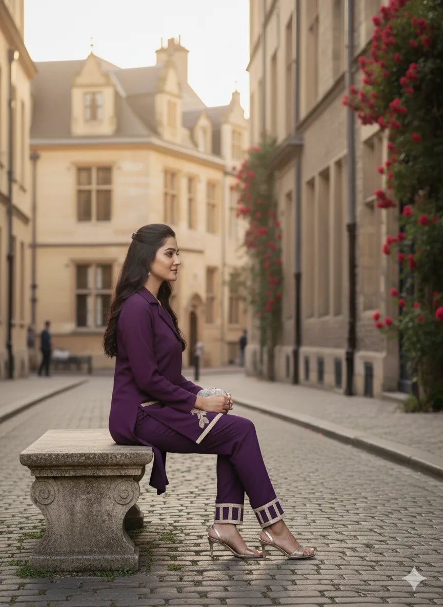 Woman in a purple outfit sitting on a stone bench in an urban setting with buildings and flowers in the background.