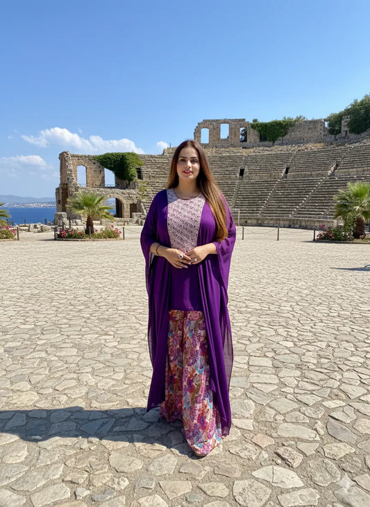 Woman in a purple outfit standing in front of ancient ruins with a clear blue sky.