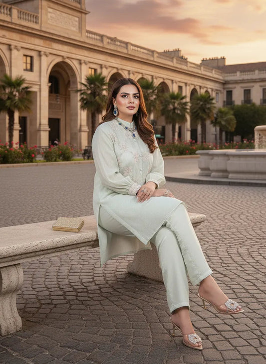 Woman sitting on a bench in an outdoor setting with classical architecture and palm trees.