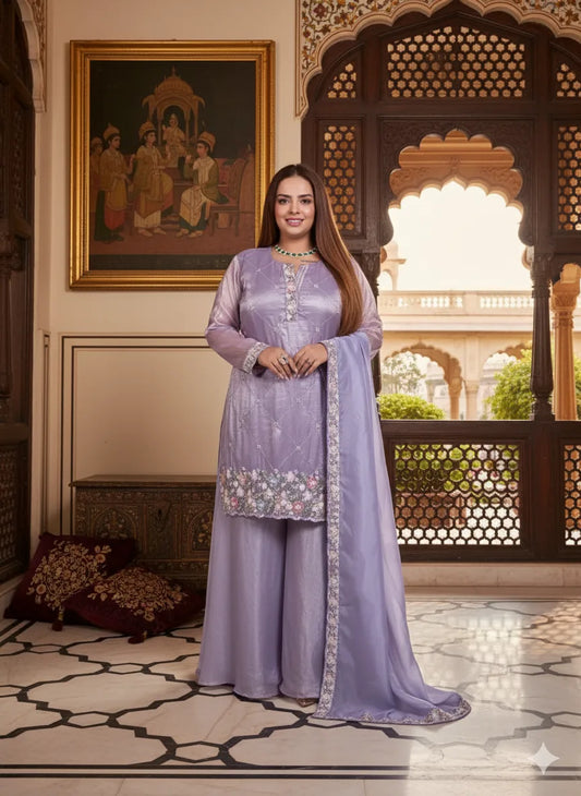 Woman in a lavender traditional outfit standing in an ornate room with decorative elements.