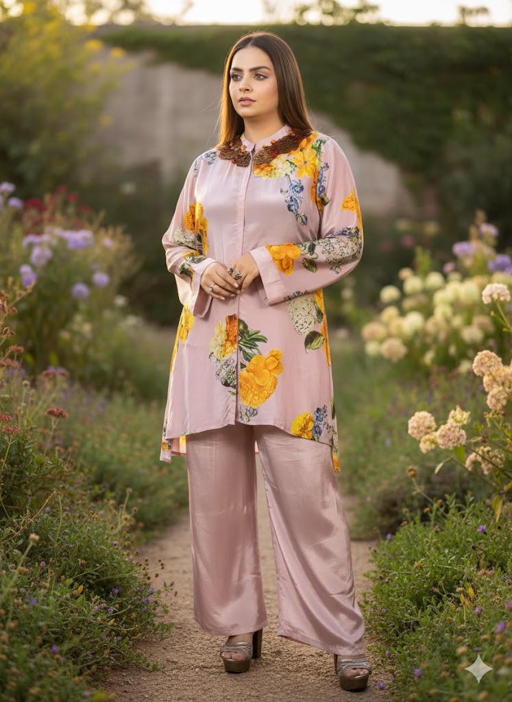 Woman in a floral outfit standing in a garden