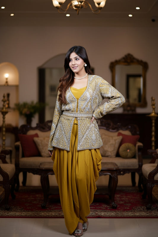 Woman in traditional outfit standing in a decorated room with furniture and mirrors.