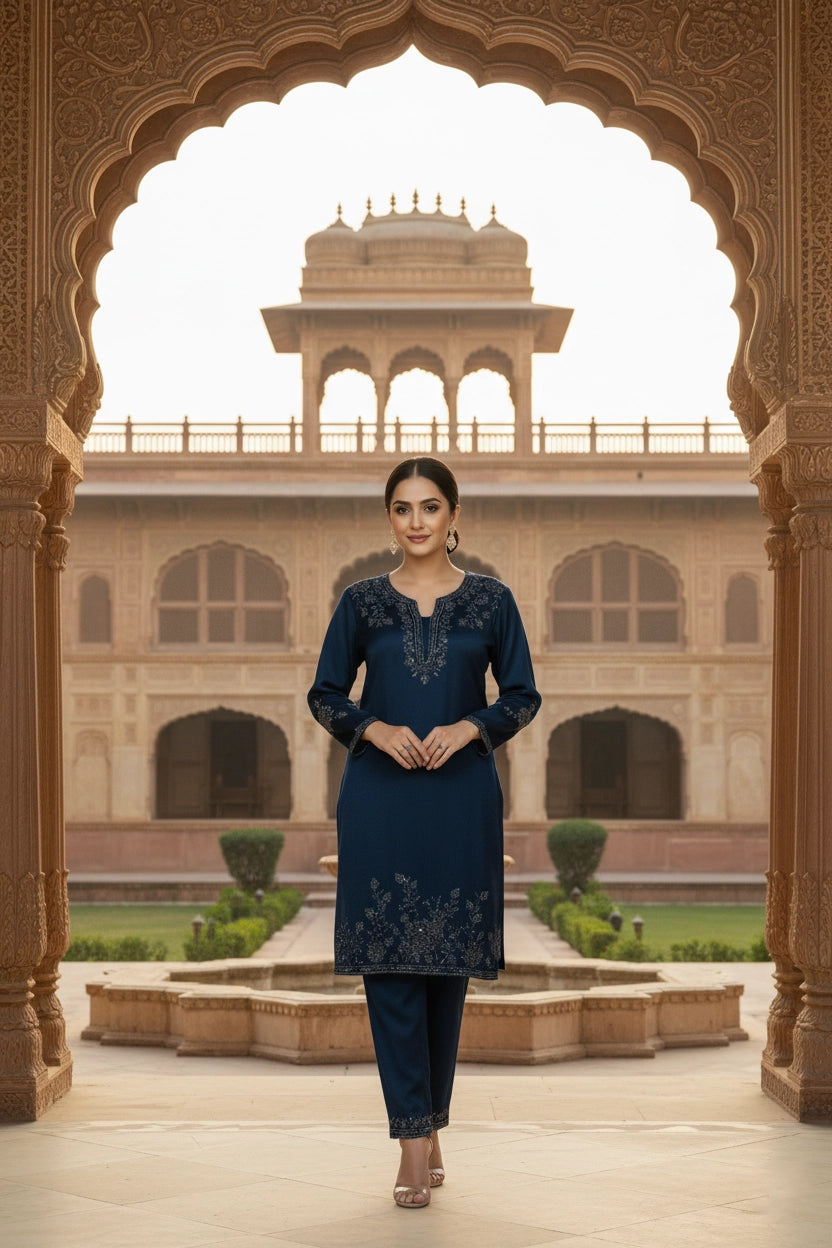 Woman in a blue traditional outfit standing in front of an architectural archway with a building in the background.