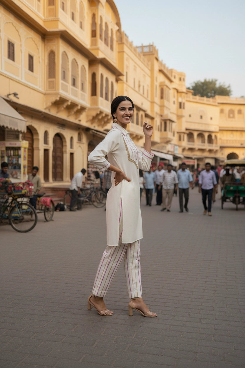 Woman in a white outfit standing on a street with traditional architecture in the background