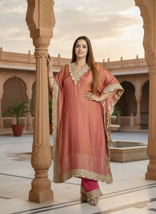 Woman in traditional pink and gold outfit standing in a decorative courtyard.