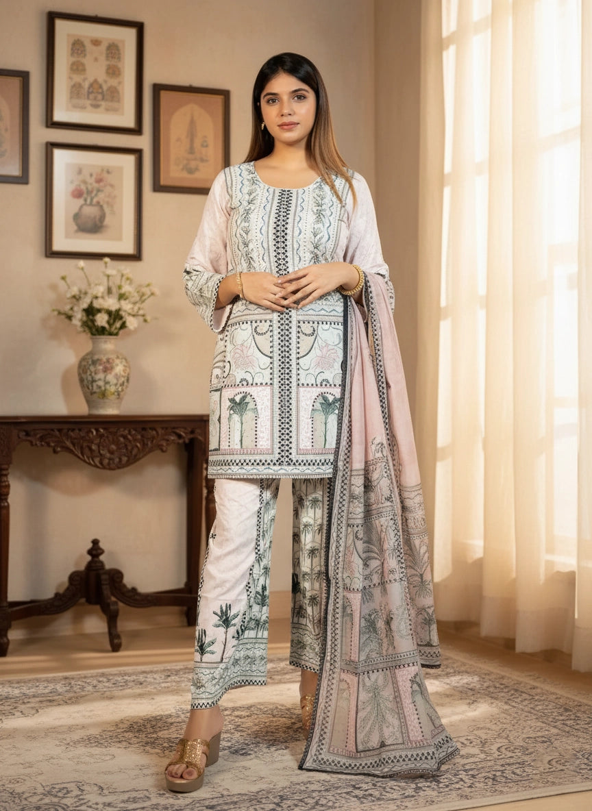 Woman wearing a patterned outfit in a room with decor elements.