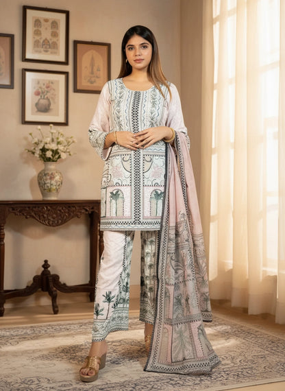 Woman wearing a patterned outfit in a room with decor elements.