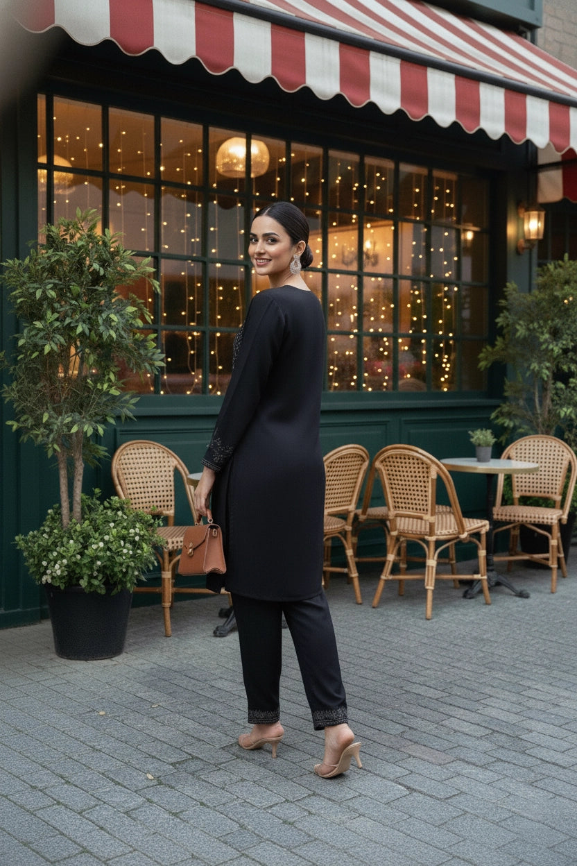 Woman in a black outfit standing outside a cafe with a striped awning.