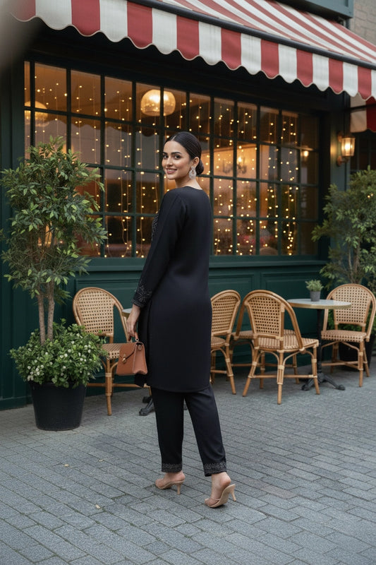 Woman in a black outfit standing outside a cafe with a striped awning.