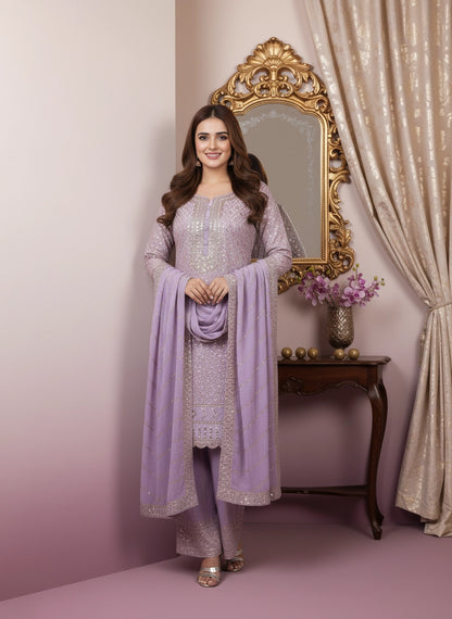 Woman in a lavender traditional outfit standing in front of a decorative mirror.