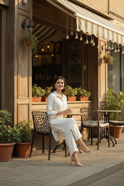 Woman sitting outside a cafe with plants and tables around her