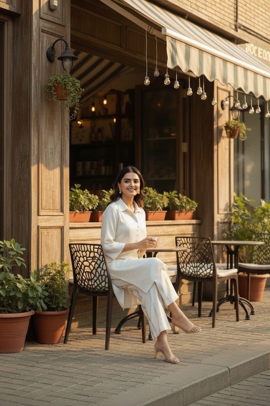 Woman sitting outside a cafe with plants and tables around her