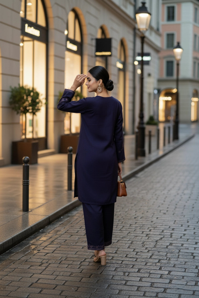 Woman in a navy blue outfit walking on a city street at dusk.
