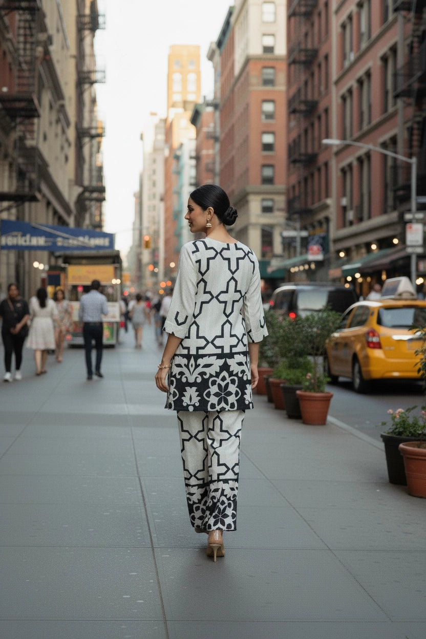 Woman in a black and white patterned outfit walking on a city street with buildings and a taxi in the background.