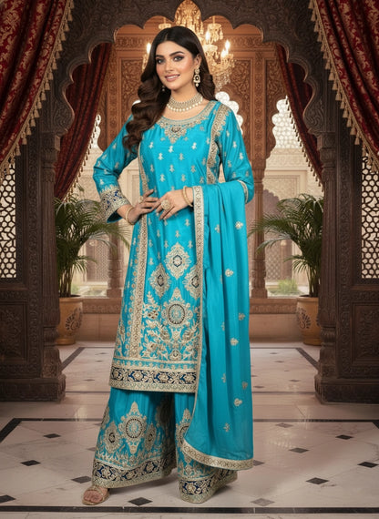 Woman in a traditional turquoise embroidered outfit standing in an ornate indoor setting.