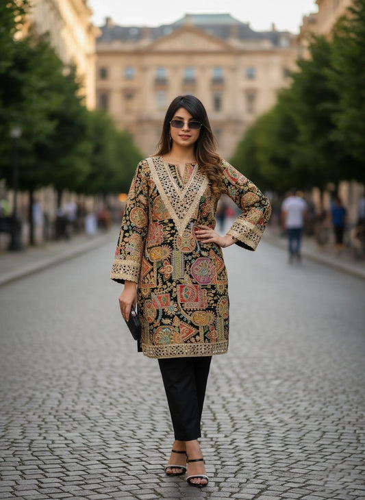 Woman in a patterned dress standing on a street with trees and buildings in the background