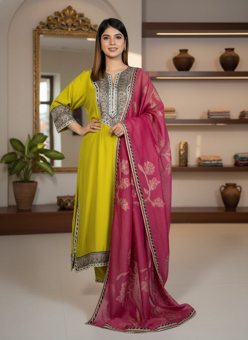 Woman wearing a yellow and pink traditional outfit in a room with a mirror and shelves.