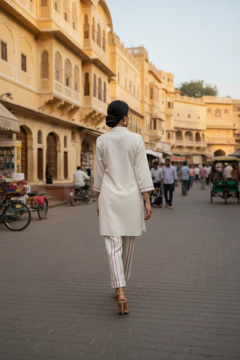 Woman walking on a street in an urban area with yellow buildings.