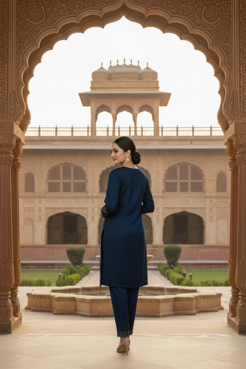 Woman in a blue outfit standing in front of an ornate archway with a building in the background