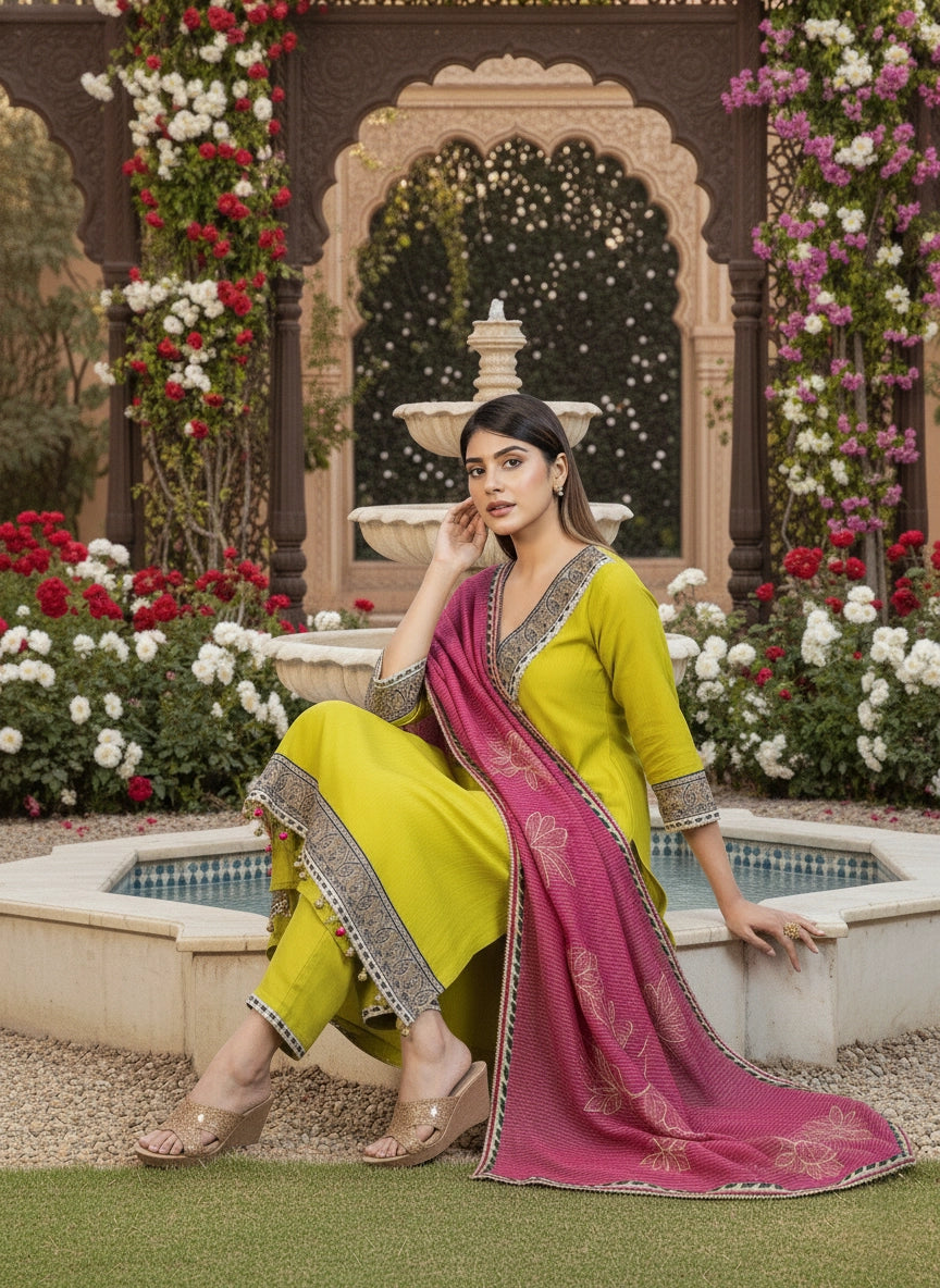 Woman in a yellow and pink traditional outfit sitting by a fountain with floral decorations.