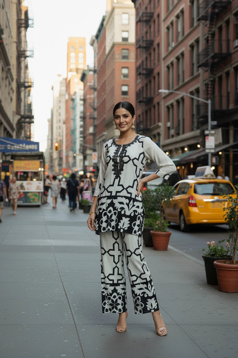 Woman in a black and white outfit standing on a city street with tall buildings and a yellow taxi in the background.