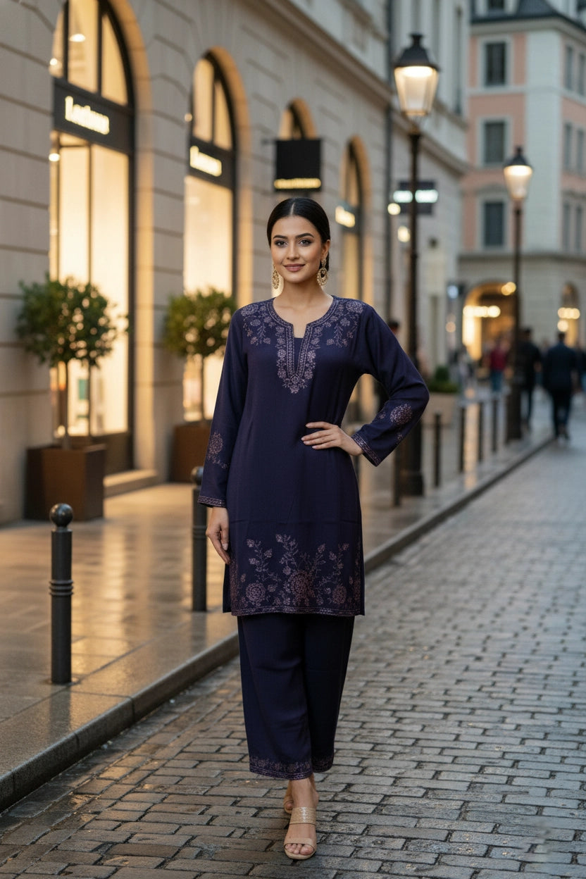 Woman in a dark blue embroidered outfit standing on a city street.