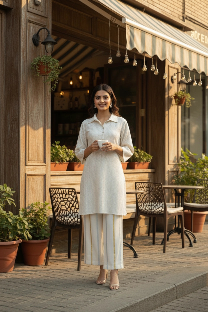 Woman standing outside a cafe holding a cup, surrounded by potted plants and outdoor furniture.