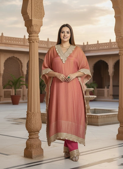 Woman in a traditional outfit standing in an architectural setting