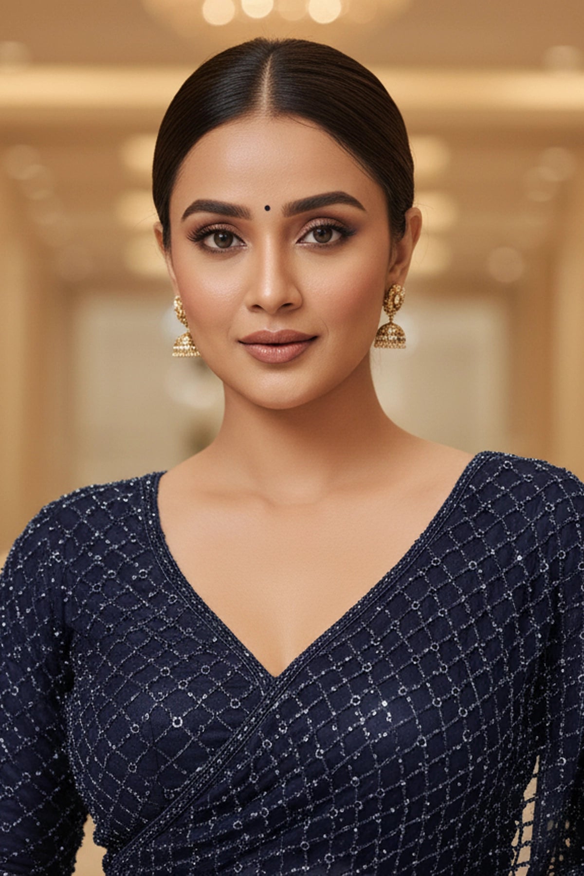 Woman wearing a dark blue dress with gold earrings against a blurred background