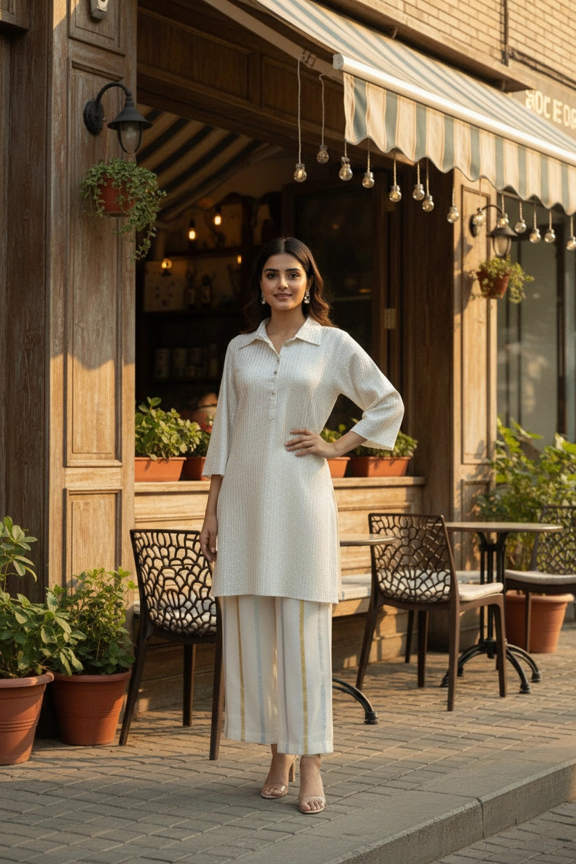 Woman in a white outfit standing outside a wooden building with potted plants and chairs.
