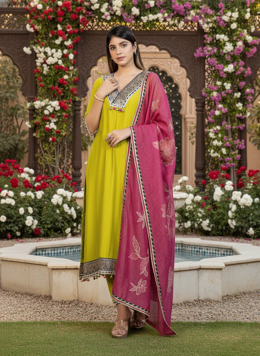 Woman in a yellow and pink traditional outfit standing in front of floral decorations.
