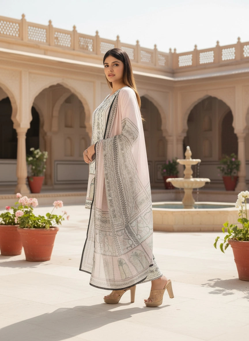 Woman in a traditional outfit standing in a courtyard with arches and potted plants.