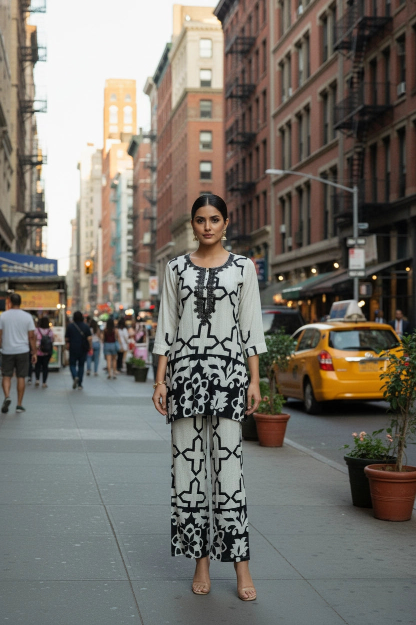 Woman in a black and white patterned outfit standing on a city street with a yellow taxi in the background.