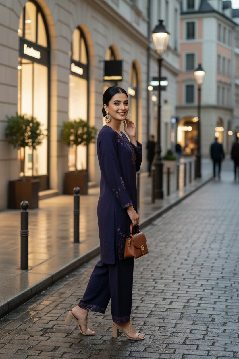 Woman in a stylish outfit walking on a city street with a blurred background
