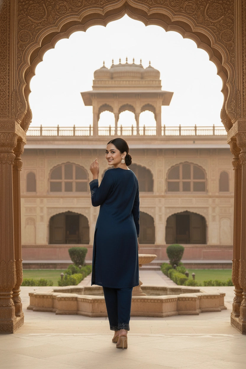 Woman in a blue outfit standing in front of an architectural archway with a building in the background