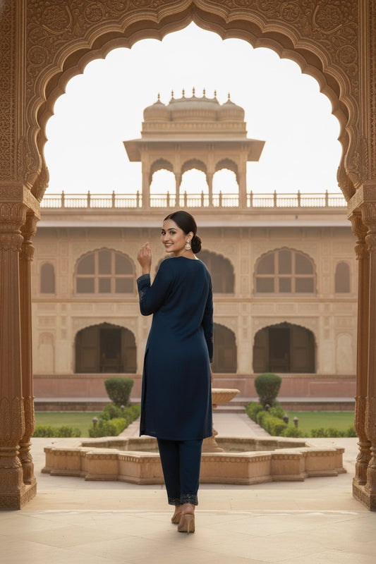 Woman in a blue outfit standing in front of an architectural archway with a building in the background