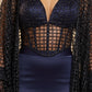Navy blue dress with sheer overlay and black mesh cover-up