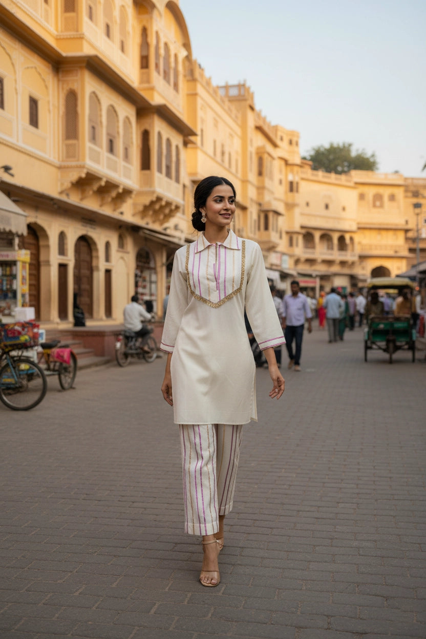 Woman walking on a street in an urban setting with traditional attire