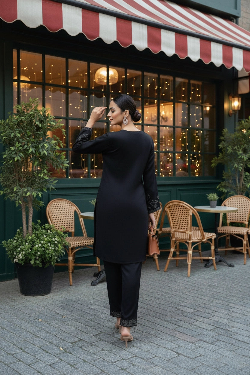 Woman in a black outfit walking past a cafe with a striped awning.