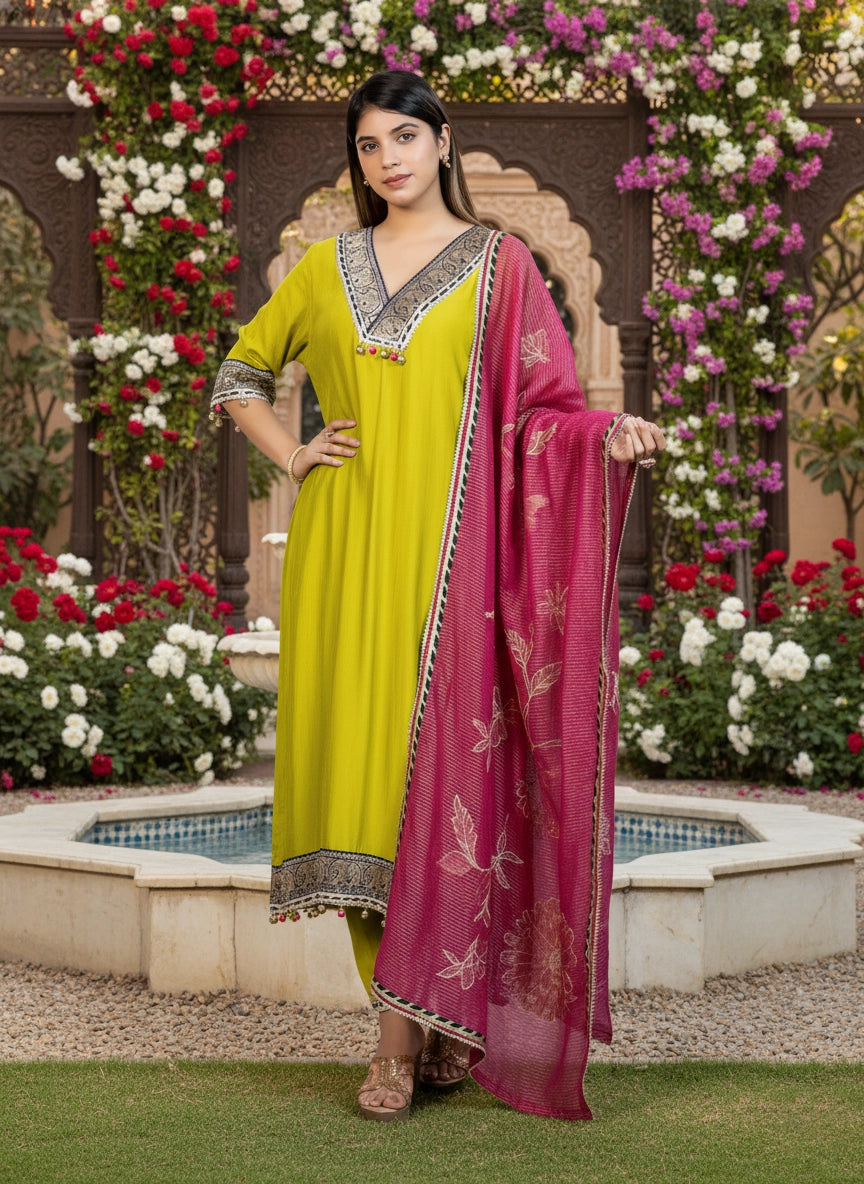 Woman in a green dress with a pink dupatta standing in a garden with flowers and water feature.