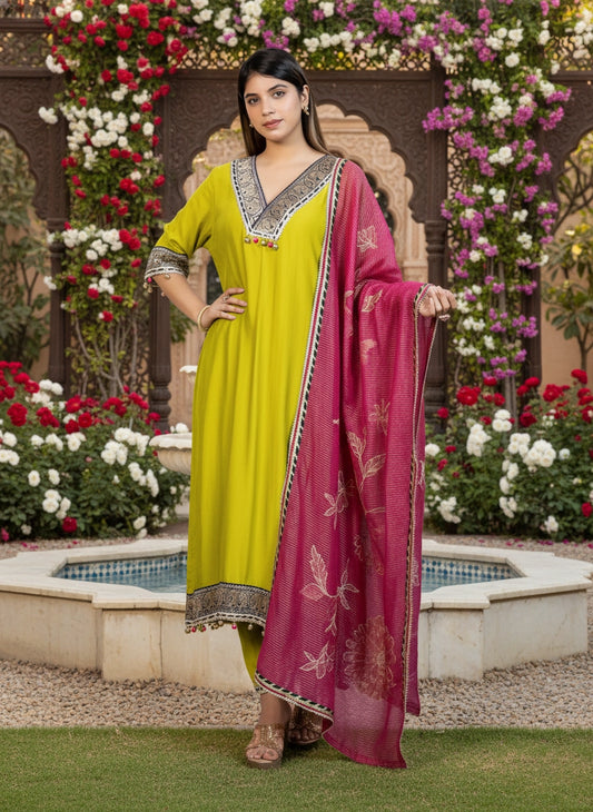Woman in a green dress with a pink dupatta standing in a garden with flowers and water feature.