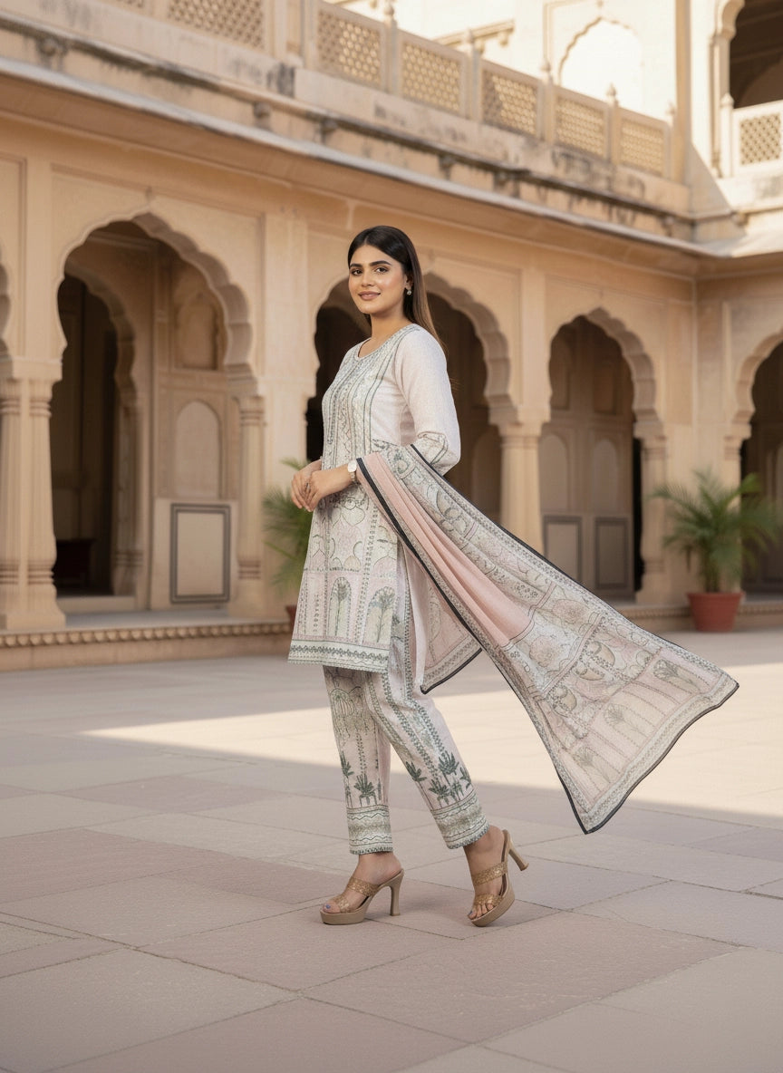 Woman in traditional outfit standing in a courtyard with architectural background