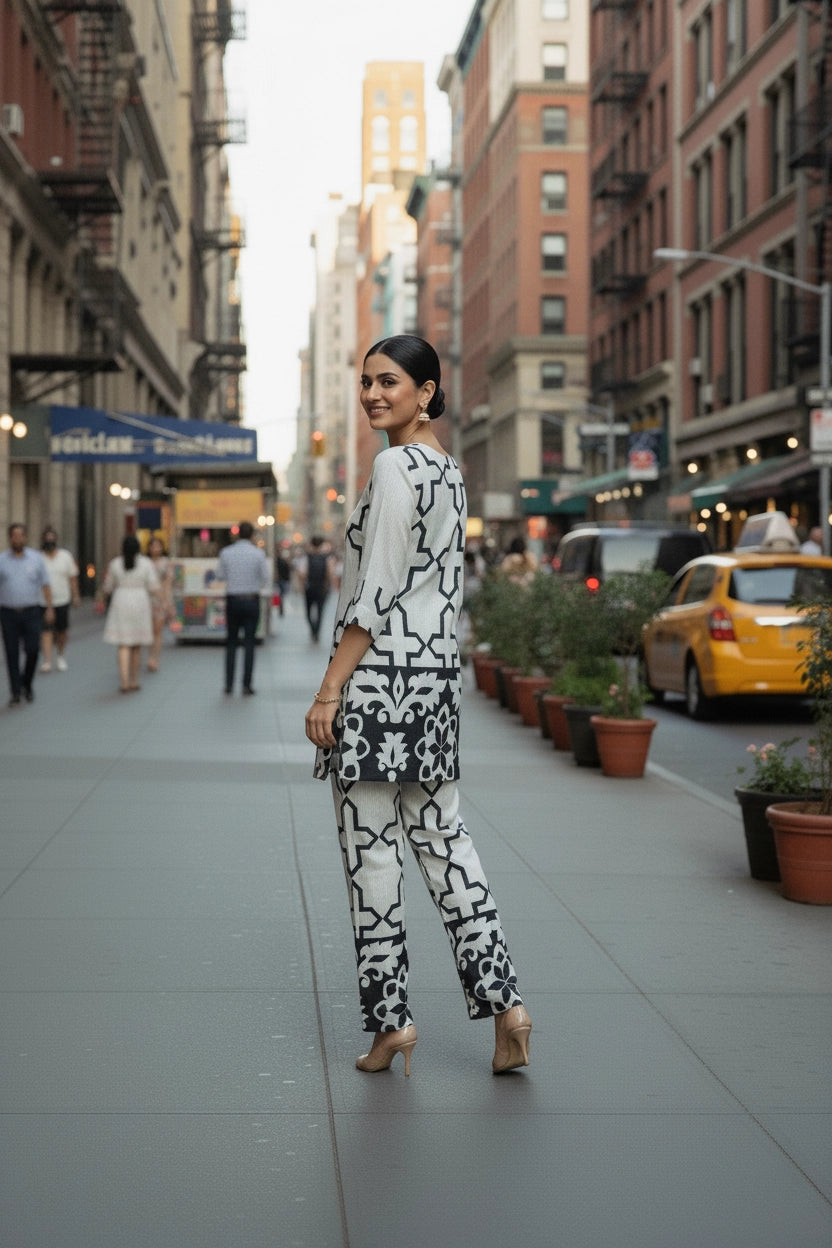 Woman in a black and white patterned outfit walking on a city street with buildings and a taxi in the background.