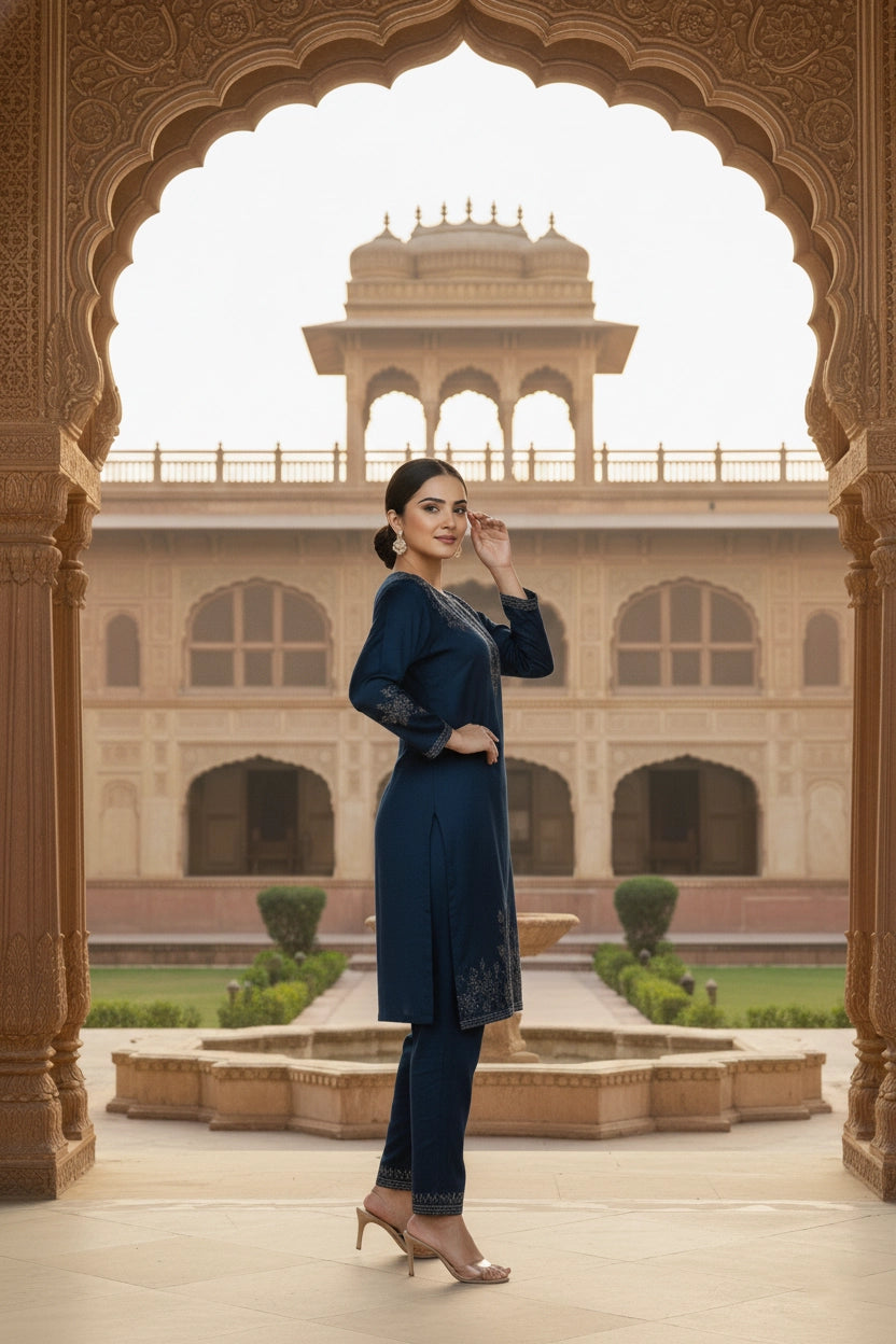 Woman in a blue traditional outfit standing in front of an architectural archway with a historical building in the background.