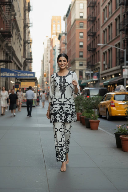 Woman in a black and white patterned outfit walking on a city street.