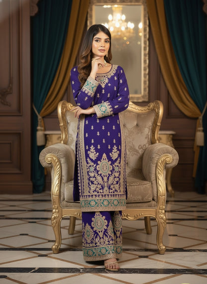 Woman in a purple embroidered outfit sitting on an ornate chair in a decorated room.