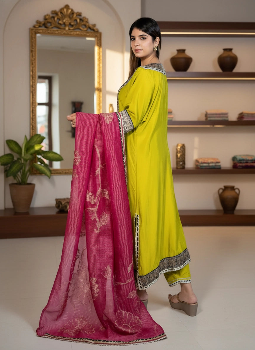 Woman holding a bright pink dupatta with a gold border in a room with a mirror and shelves.