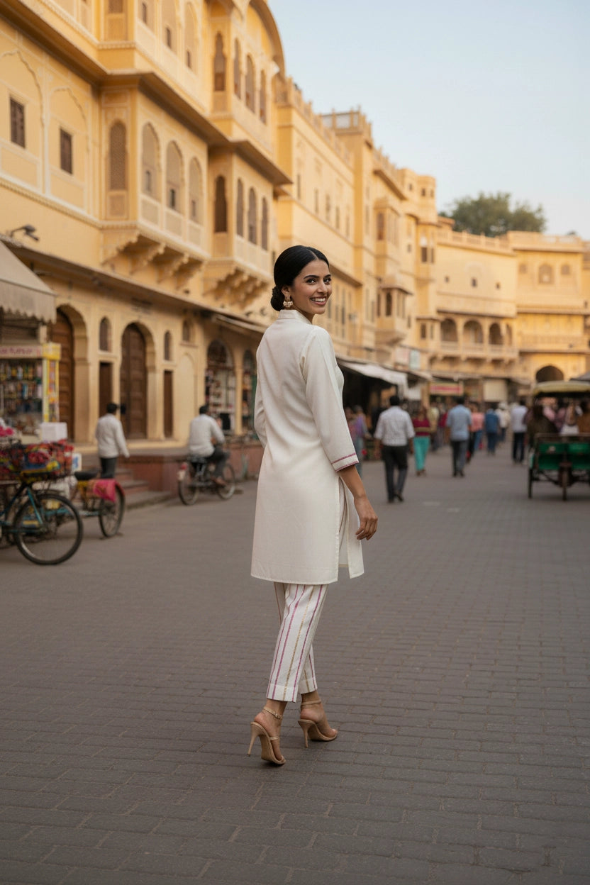 Woman in a white outfit walking on a street with yellow buildings in the background