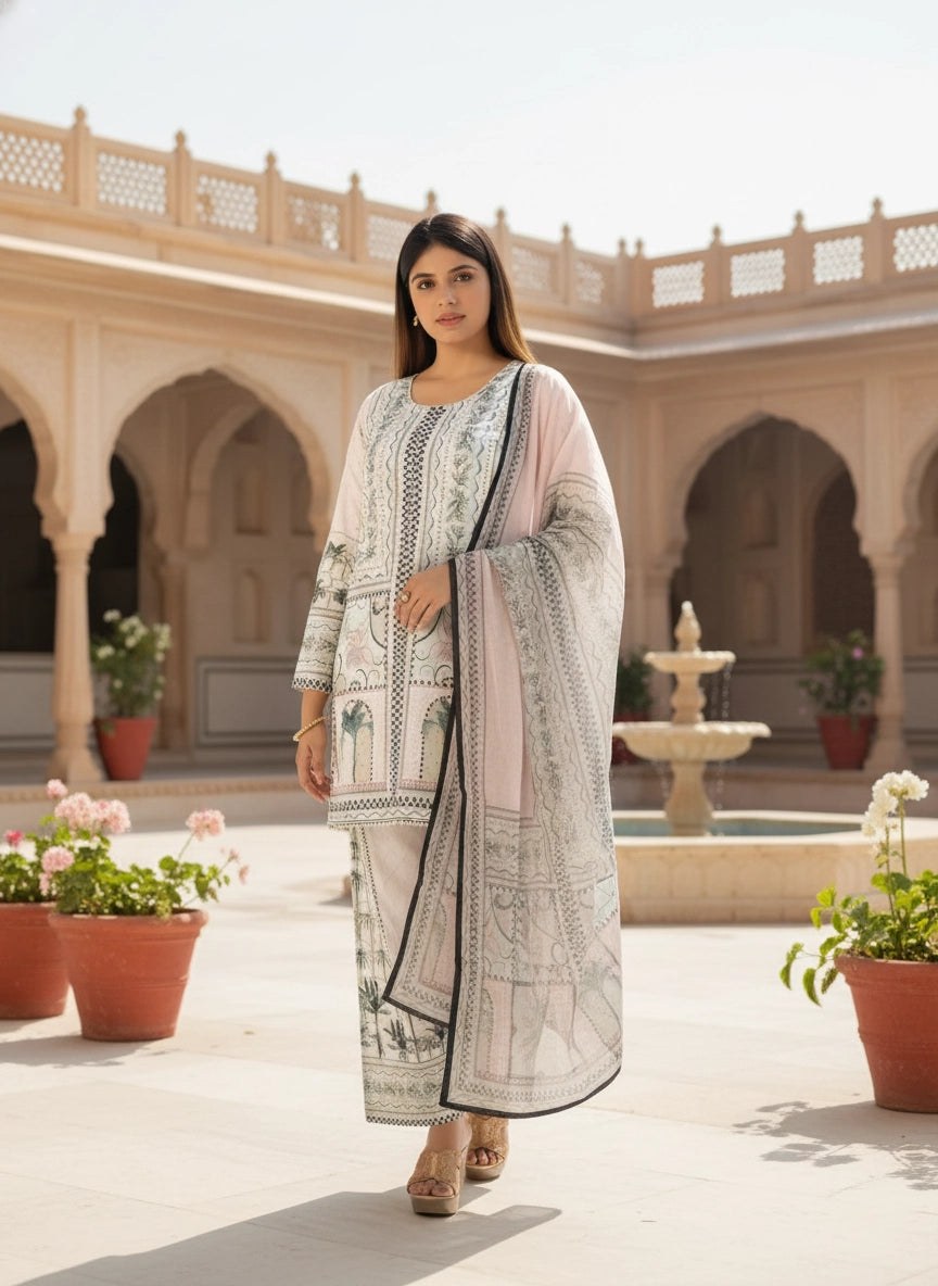 Woman in a traditional outfit standing in an architectural courtyard with arches and plants.