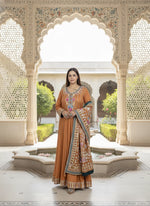 Rust Chinon Anarkali with Phulkari Dupatta | Gota & Mirror Work Embroidery